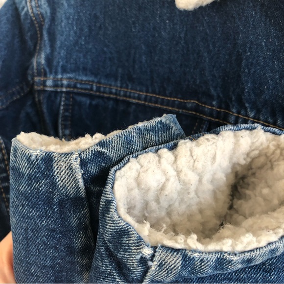Vintage Denim White Sherpa Lined Shacket Button Up Jacket Dark Wash Work Coat - Picture 13 of 16